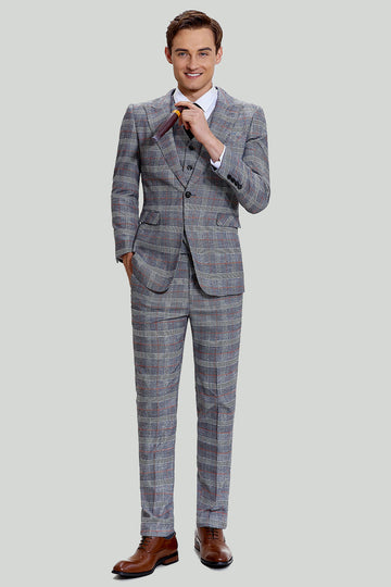 Costumes Pour Hommes À Carreaux Gris À Revers Large 3 Pièces À Simple Boutonnage
